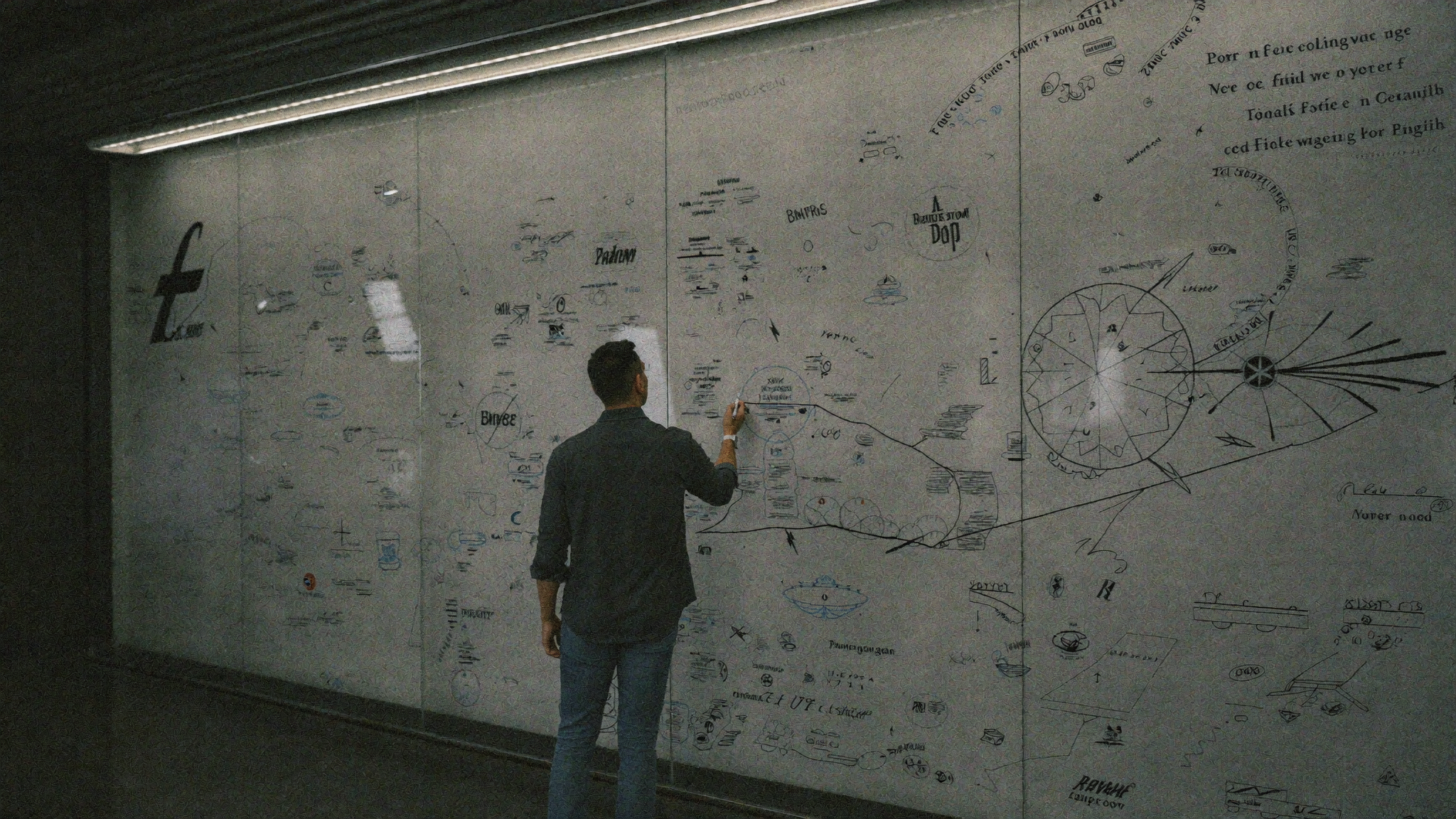 Mar White sketching an expansive brand world across a glass wall of ideas
