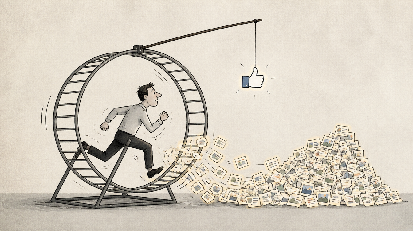 Editorial illustration of a figure on a hamster wheel flinging out social posts that lead nowhere