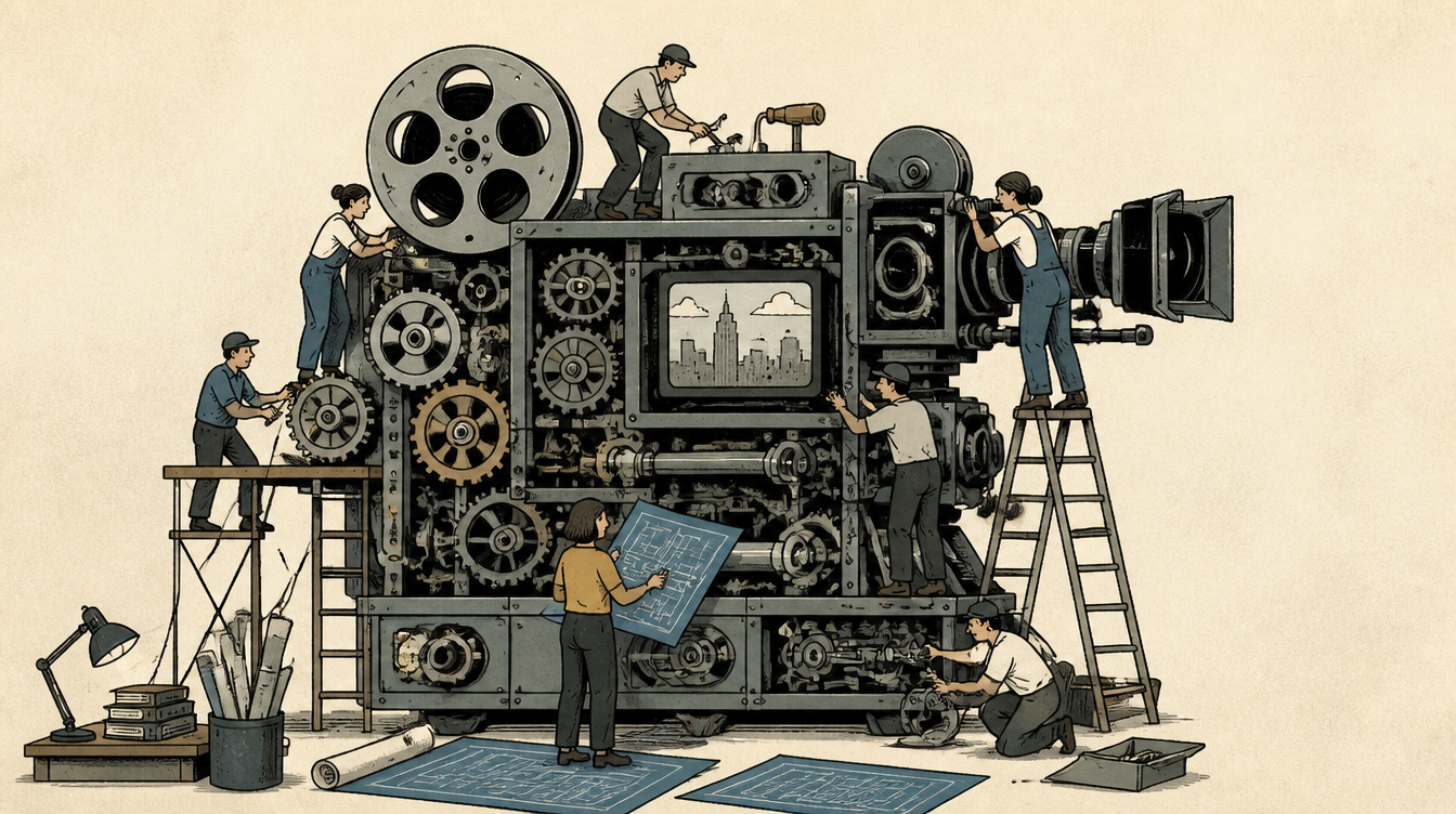 Editorial illustration of a small crew assembling a large media machine together