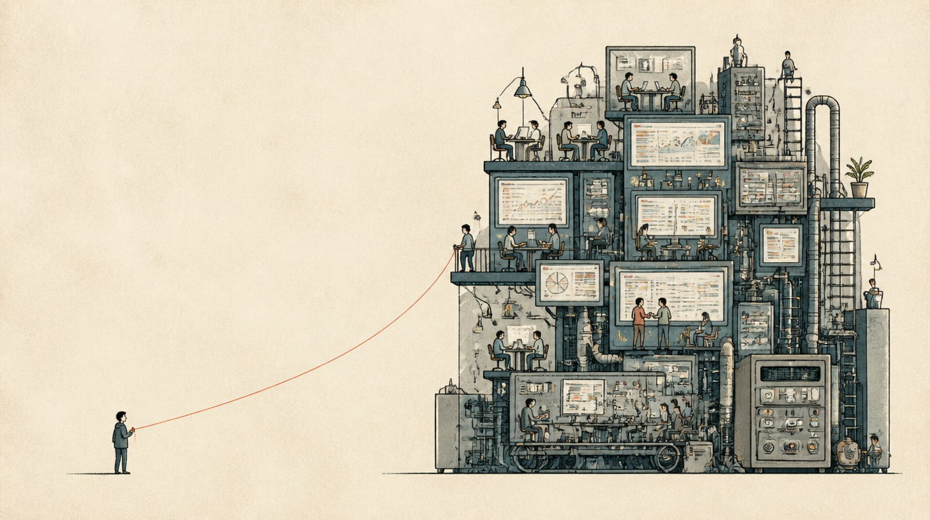Editorial illustration of a tiny founder holding a thin thread to a huge machine they have drifted from