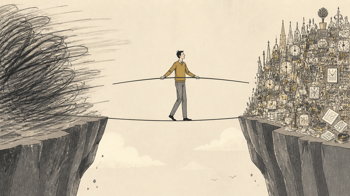 Editorial illustration of a figure balancing on a tightrope between too fast and too slow