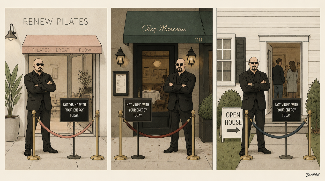 Editorial illustration of bouncers guarding three different businesses, a pilates studio, a restaurant, and an open house