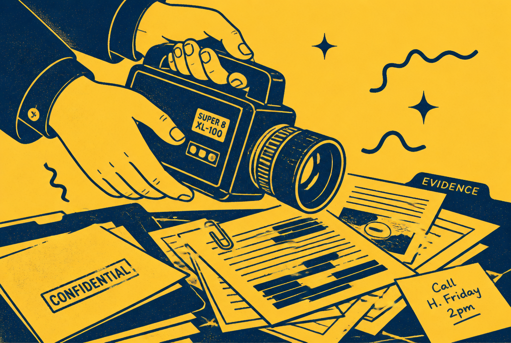 Flat two-tone editorial illustration of hands holding a video camera over a stack of documents